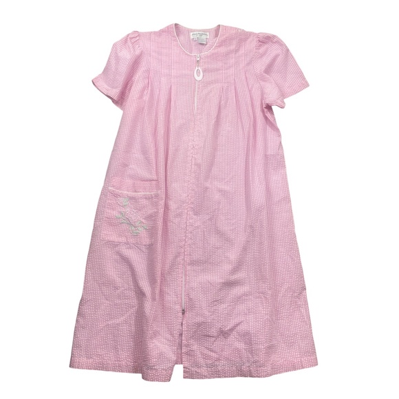 Miss Elaine Medium Pink White‎ Duster Robe Full Zip Cotton Poly Blend Pockets - Picture 1 of 5